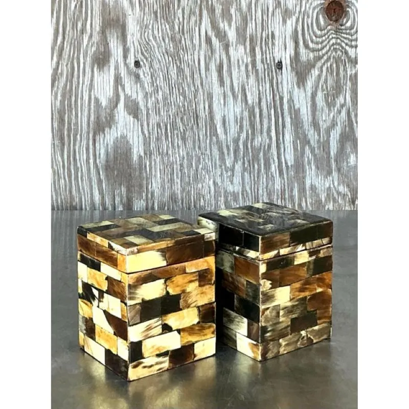 Vintage Boho Tessellated Horn Trinket Boxes - A Pair — additional photo 1