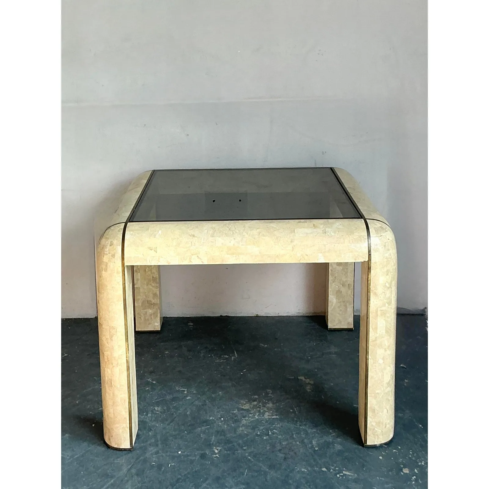 Vintage Boho Tessellated Stone and Brass Inlay Game Table — additional photo 2
