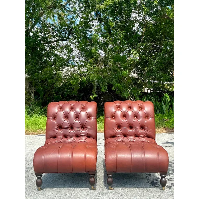 Vintage Boho Tufted Leather Slipper Chairs After George Smith- Set of 2 — additional photo 4