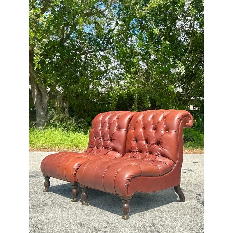 Vintage Boho Tufted Leather Slipper Chairs After George Smith- Set of 2 — additional photo 5