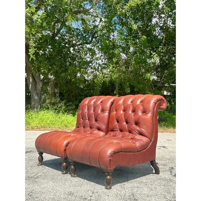 Vintage Boho Tufted Leather Slipper Chairs After George Smith- Set of 2 — additional photo 5