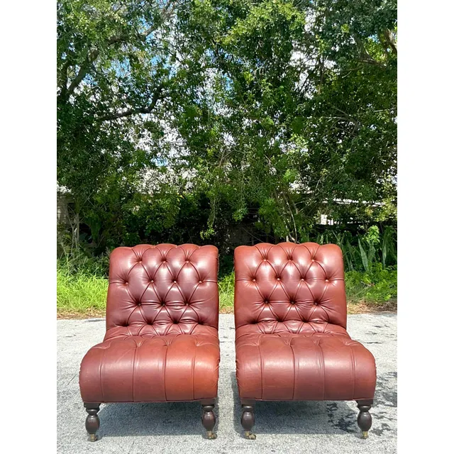 Vintage Boho Tufted Leather Slipper Chairs After George Smith- Set of 2 — additional photo 7