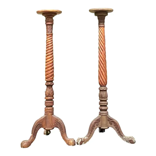 Vintage Boho Turned Wood Candlestick Pedestals - Set of 2 — additional photo 1