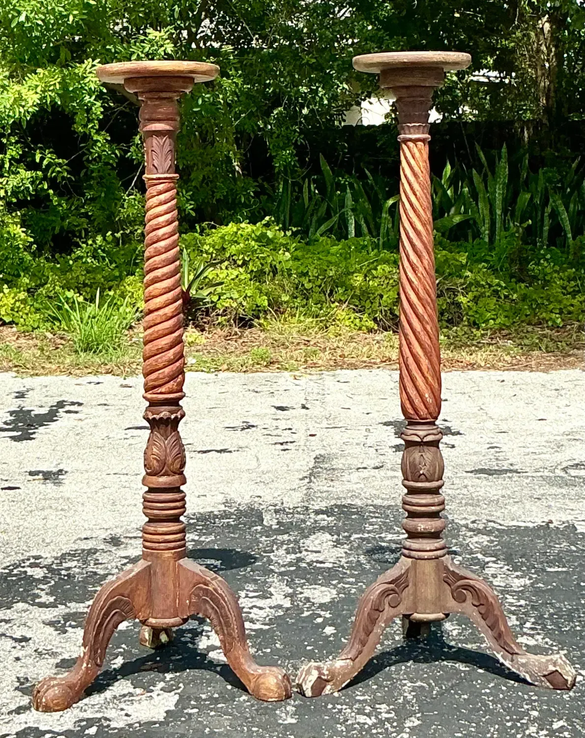 Vintage Boho Turned Wood Candlestick Pedestals - Set of 2 — additional photo 2