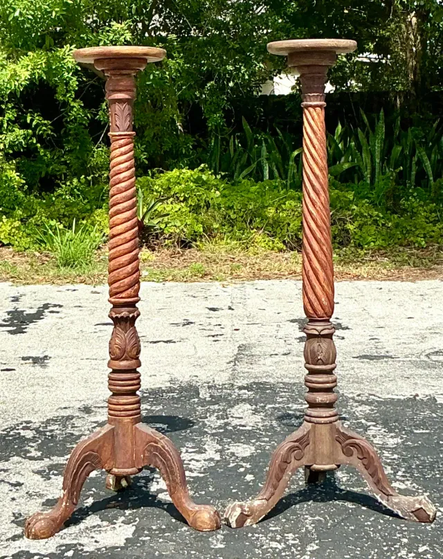 Vintage Boho Turned Wood Candlestick Pedestals - Set of 2 — additional photo 2
