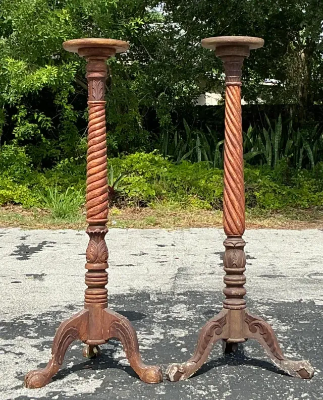 Vintage Boho Turned Wood Candlestick Pedestals - Set of 2 — additional photo 3