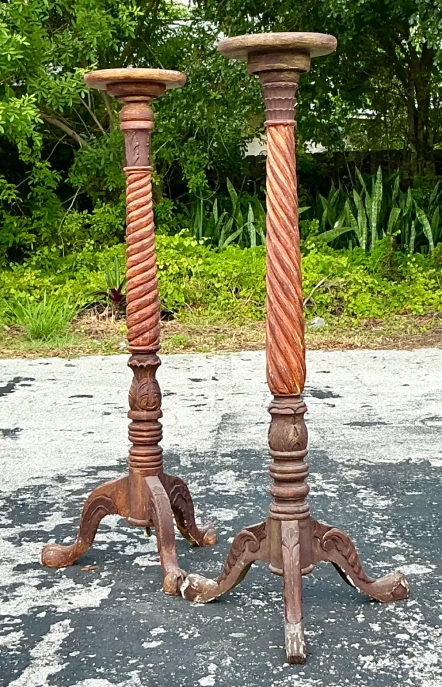 Vintage Boho Turned Wood Candlestick Pedestals - Set of 2 — additional photo 4