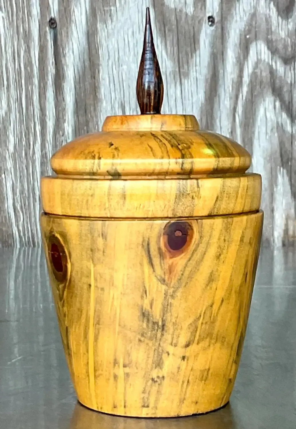 Vintage Boho Turned Wood Lidded Pot - Wood, 4W x 7.25H — additional photo 1