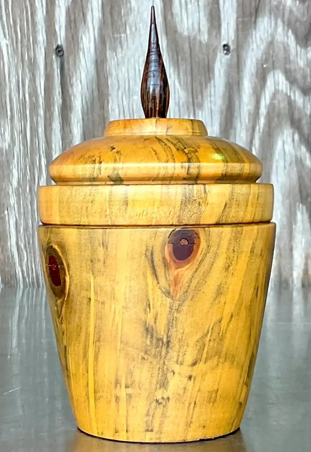 Vintage Boho Turned Wood Lidded Pot - Wood, 4W x 7.25H — additional photo 2