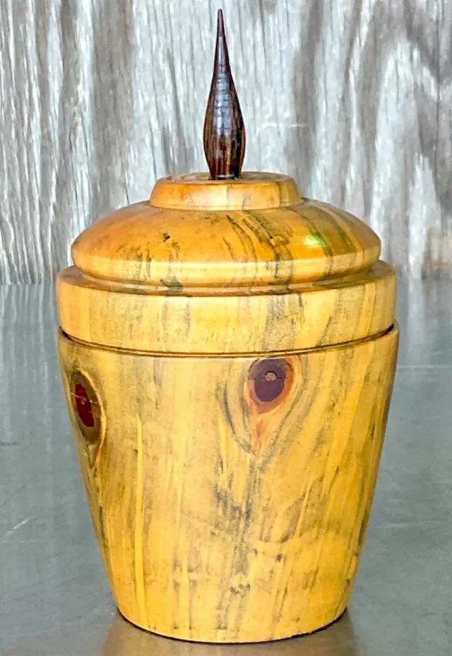Vintage Boho Turned Wood Lidded Pot - Wood, 4W x 7.25H — additional photo 3