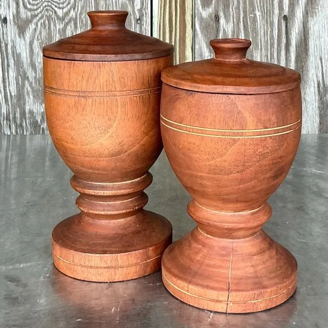 Vintage Boho Turned Wood Lidded Urns - a Pair — additional photo 1