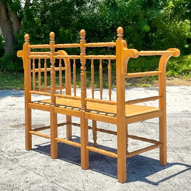 Vintage Boho Turned Wood Spindle Bench — additional photo 1