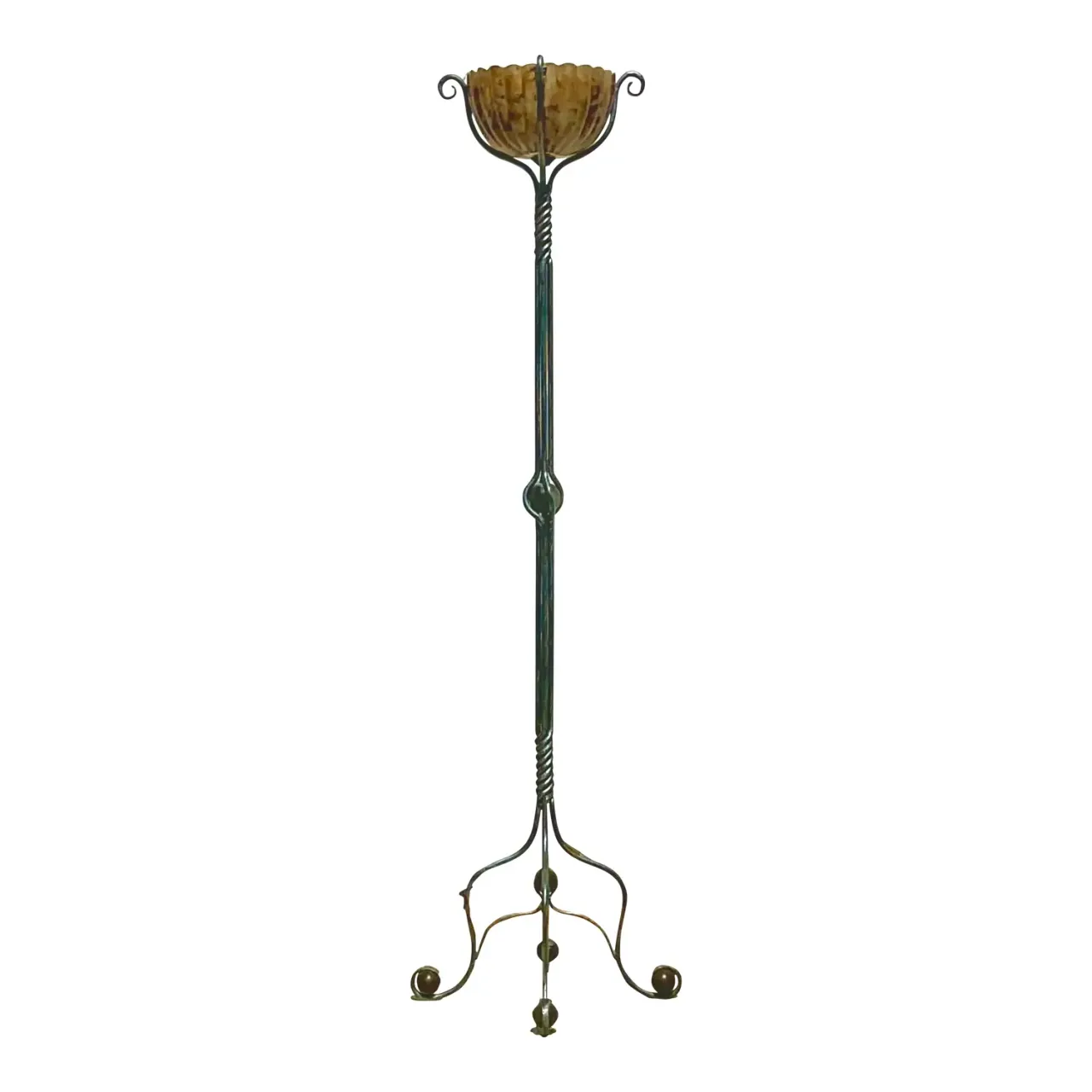 Vintage Boho Twisted Wrought Iron and Patinated Pen Shell Floor Lamp