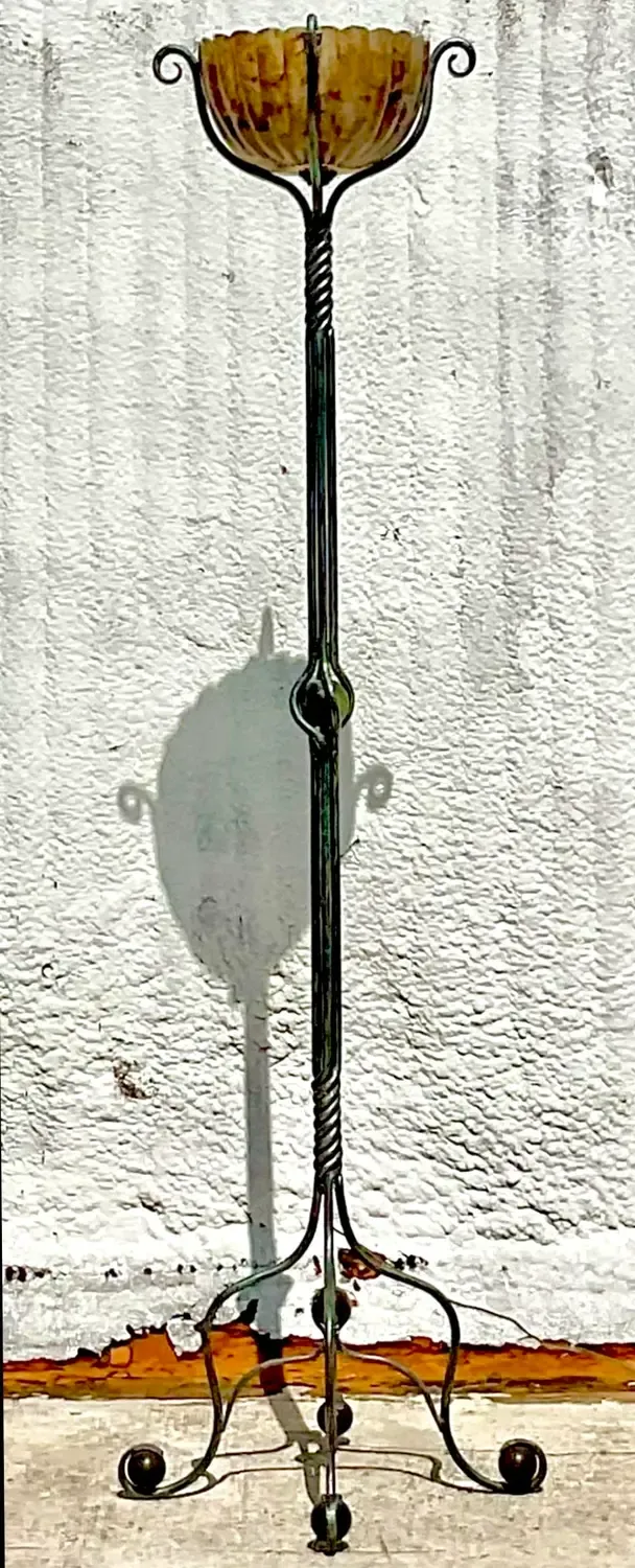 Vintage Boho Twisted Wrought Iron and Patinated Pen Shell Floor Lamp — additional photo 3