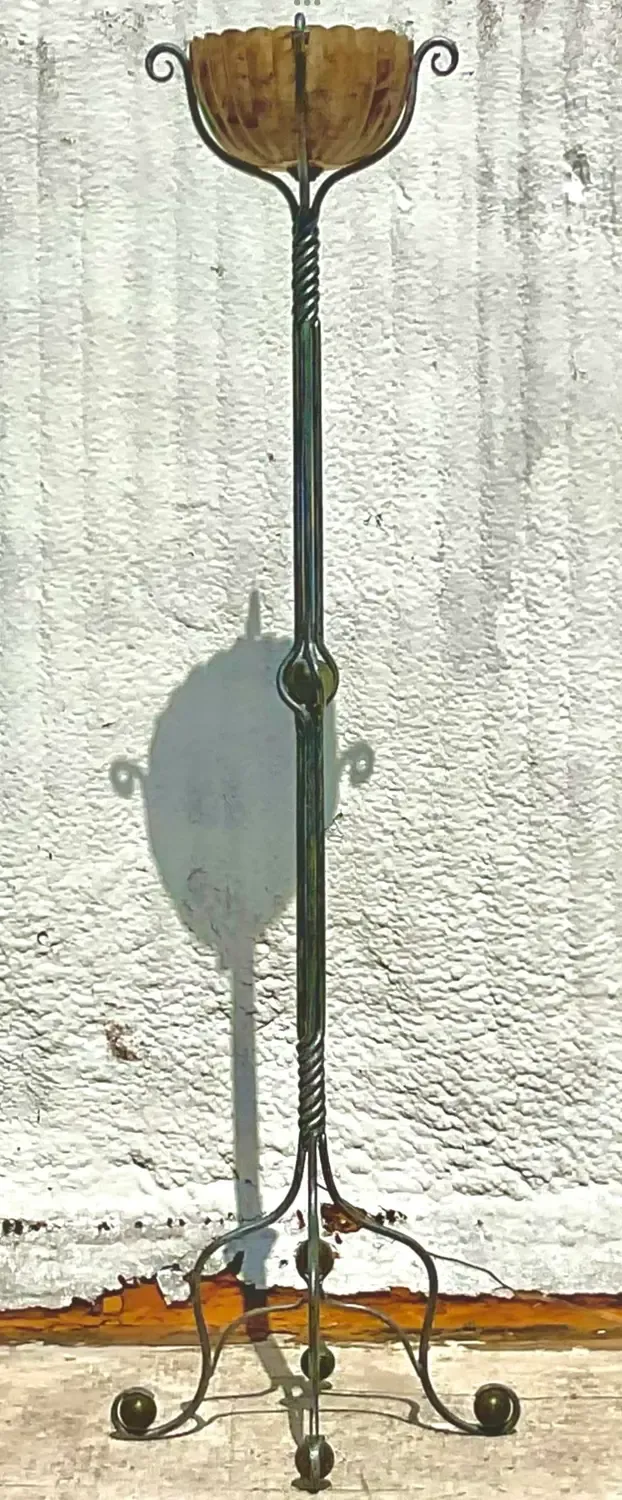 Vintage Boho Twisted Wrought Iron and Patinated Pen Shell Floor Lamp — additional photo 4