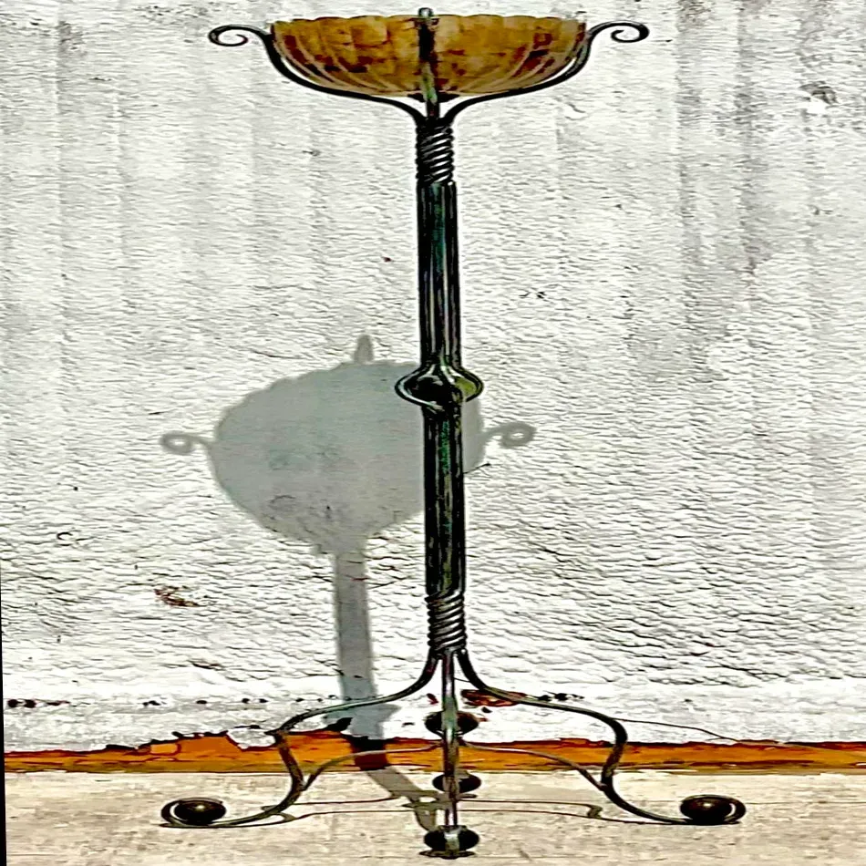 Vintage Boho Twisted Wrought Iron and Patinated Pen Shell Floor Lamp — additional photo 7
