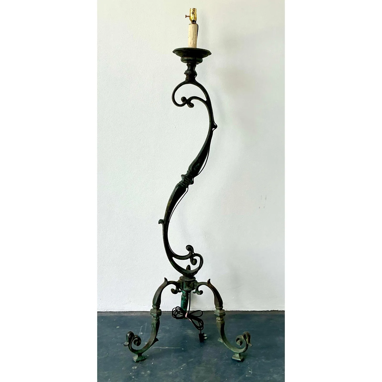 Vintage Boho Verdigris Bronze Scroll Floor Lamp