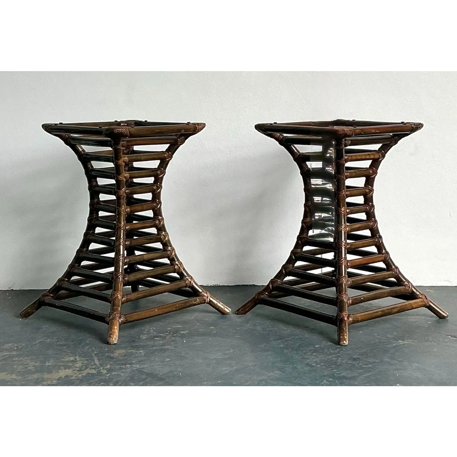 Vintage Boho Willow and Reed Stacked Rattan Table Pedestals - A Pair — additional photo 4