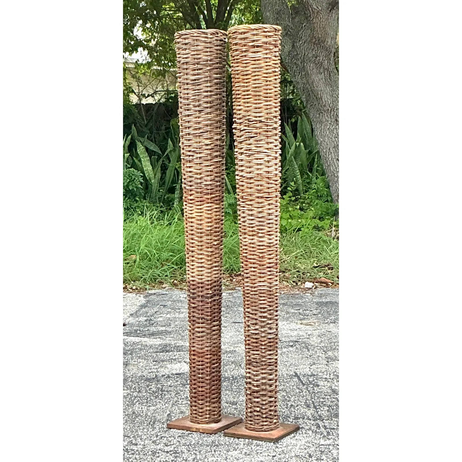 Vintage Boho Woven Rattan Tall Floor Vases - A Pair — additional photo 3