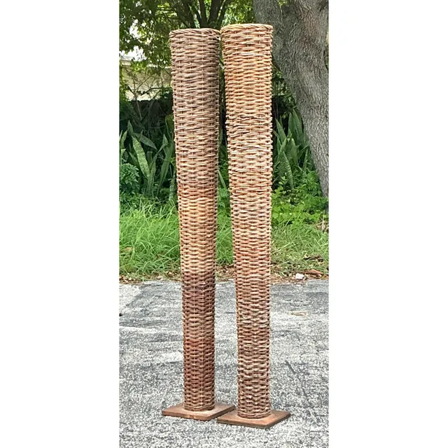 Vintage Boho Woven Rattan Tall Floor Vases - A Pair — additional photo 3