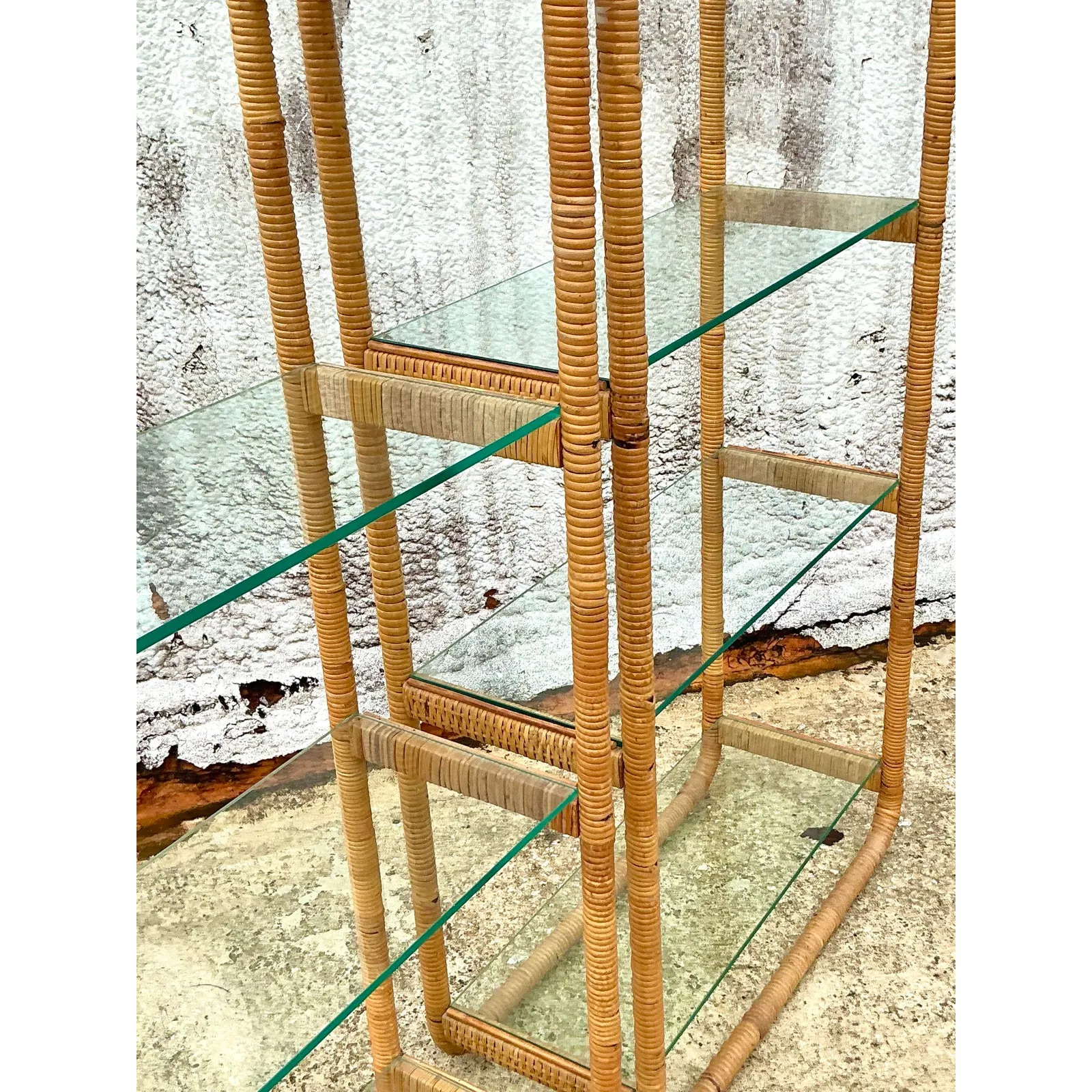 Vintage Boho Wrapped Rattan Etagere - A Pair — additional photo 2