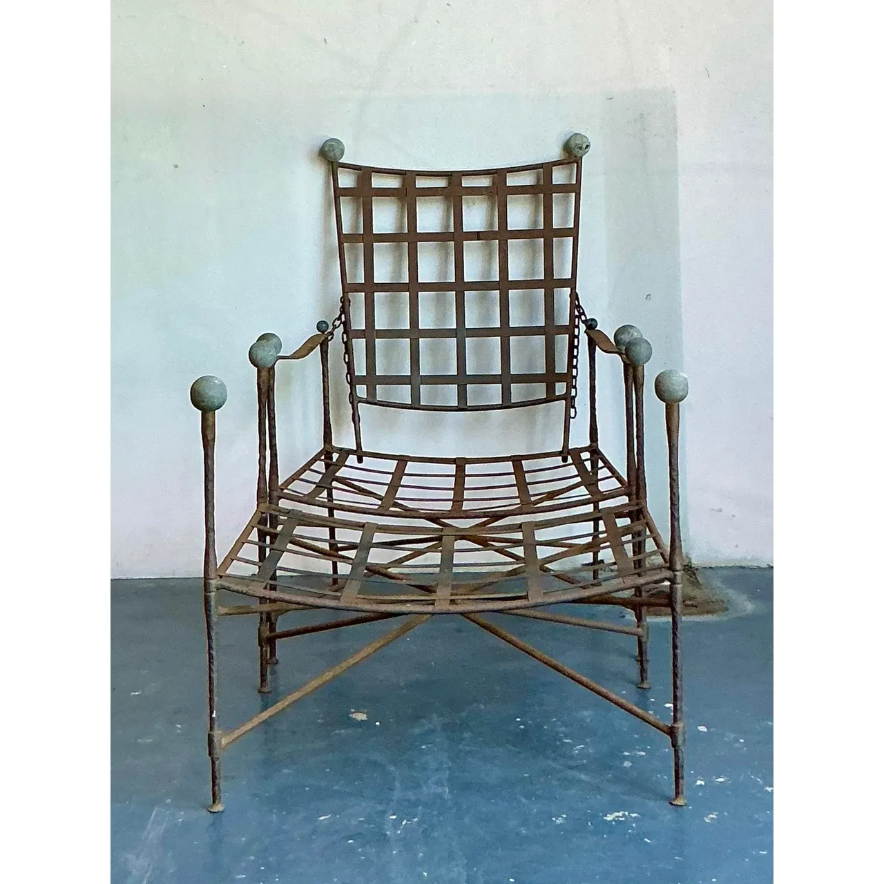 Vintage Boho Wrought Iron Lounge Chair and Ottoman After Tempestini, 2 Pieces