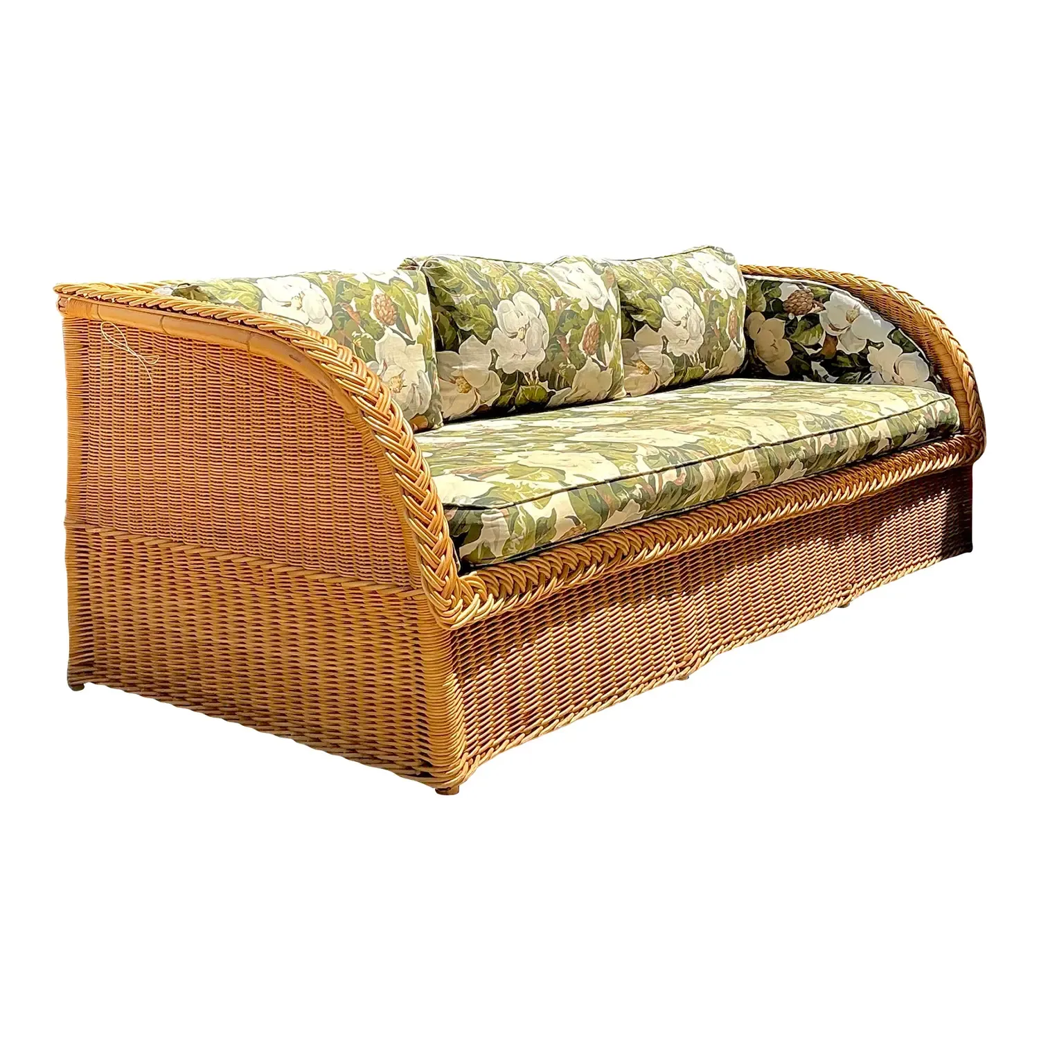 Vintage Braided Rattan Magnolia Print Sofa — additional photo 1