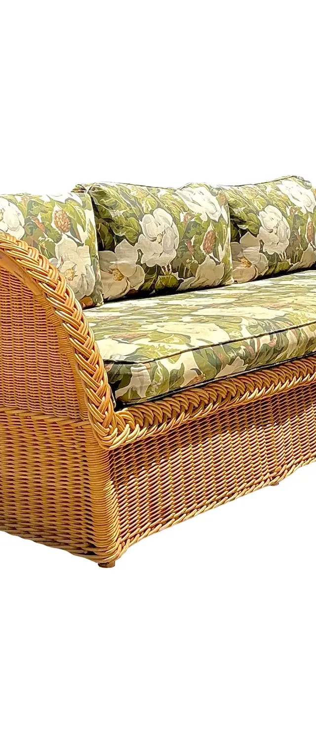 Vintage Braided Rattan Magnolia Print Sofa