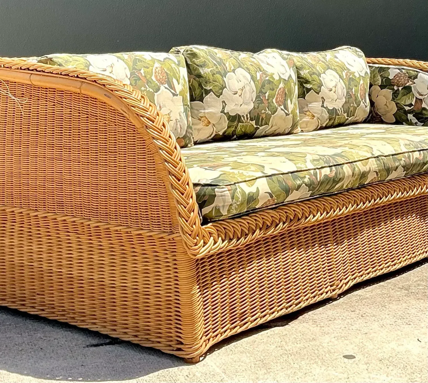 Vintage Braided Rattan Magnolia Print Sofa — additional photo 2
