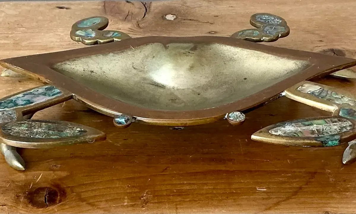 Vintage Brass Crab Bowl With Mother of Pearl Inlay