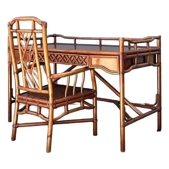 Vintage Brown Jordan Fretwork Rattan Writing Desk and Chair