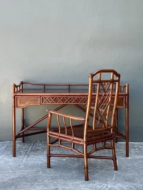 Vintage Brown Jordan Fretwork Rattan Writing Desk and Chair — additional photo 3