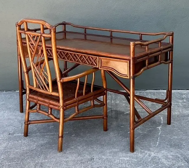 Vintage Brown Jordan Fretwork Rattan Writing Desk and Chair — additional photo 4