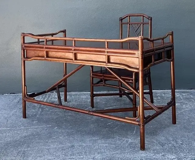 Vintage Brown Jordan Fretwork Rattan Writing Desk and Chair — additional photo 5