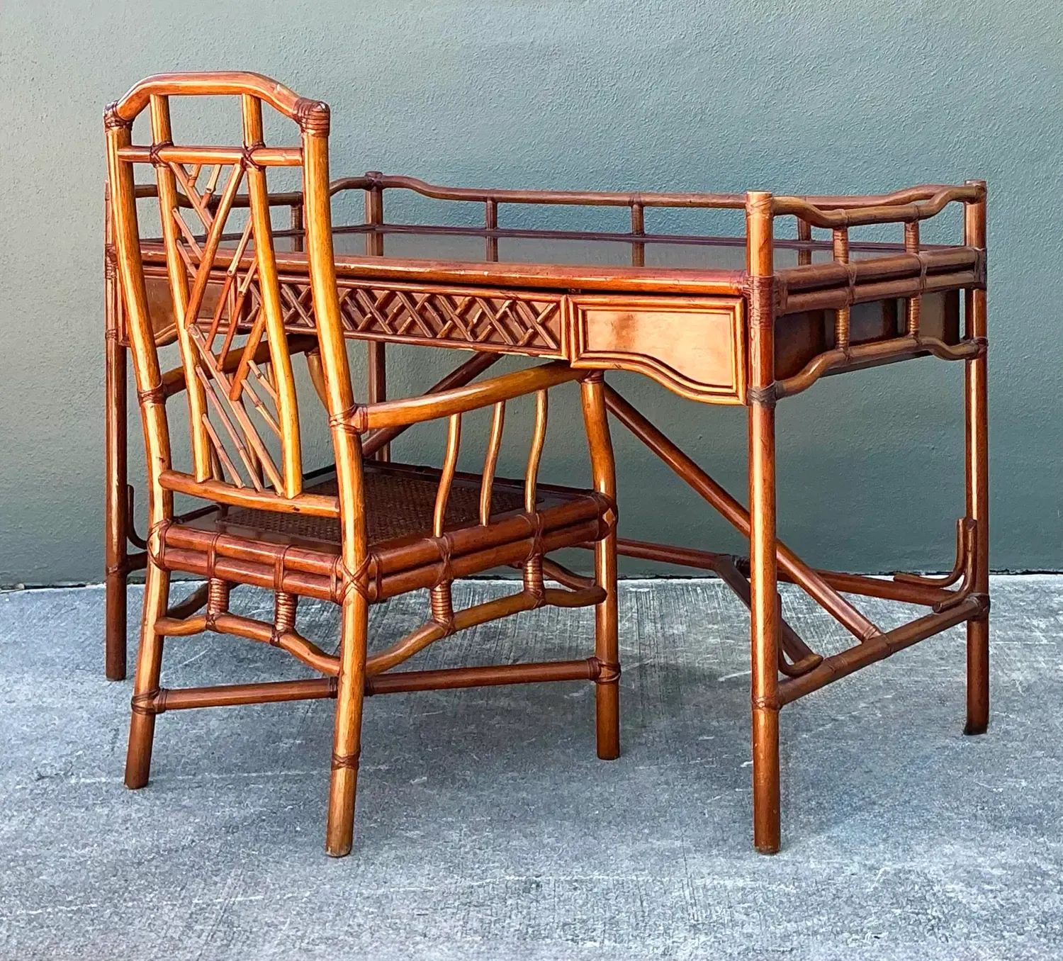 Vintage Brown Jordan Fretwork Rattan Writing Desk and Chair — additional photo 8