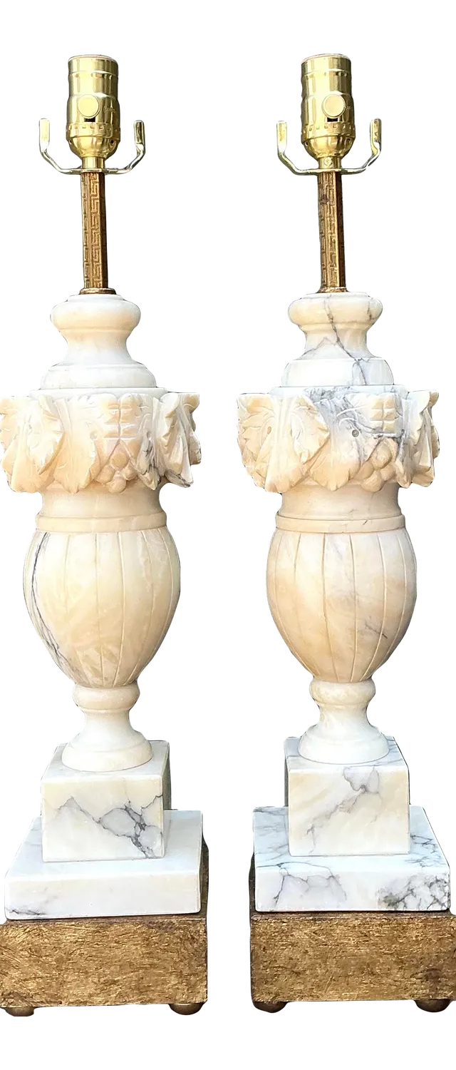 Vintage Carved Alabaster Leaves Lamps - A Pair