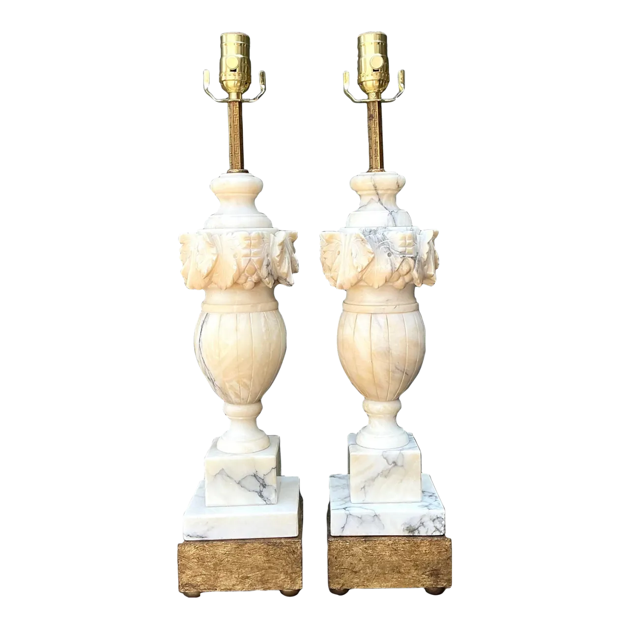 Vintage Carved Alabaster Leaves Lamps - A Pair