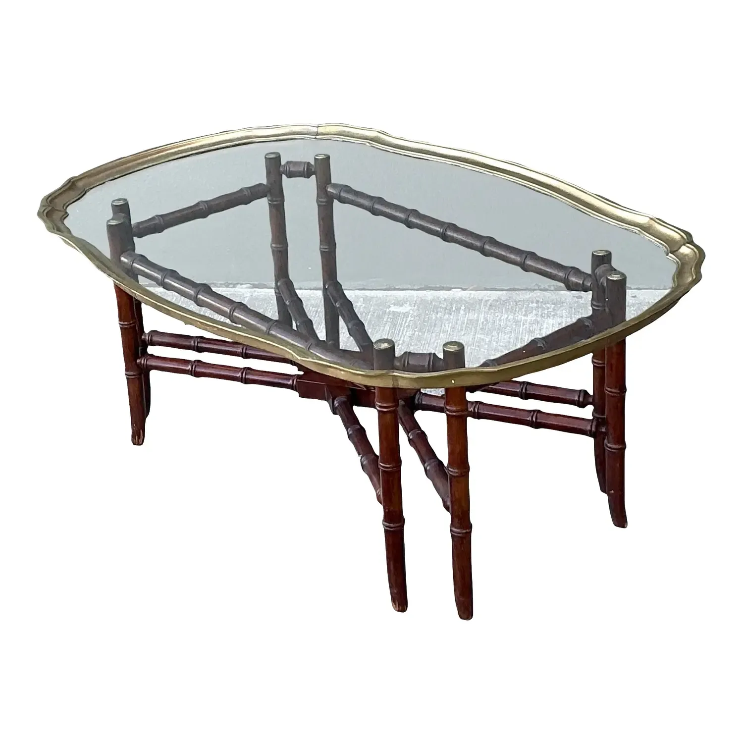 Vintage Carved Bamboo Coffee Table With Brass Framed Glass Top