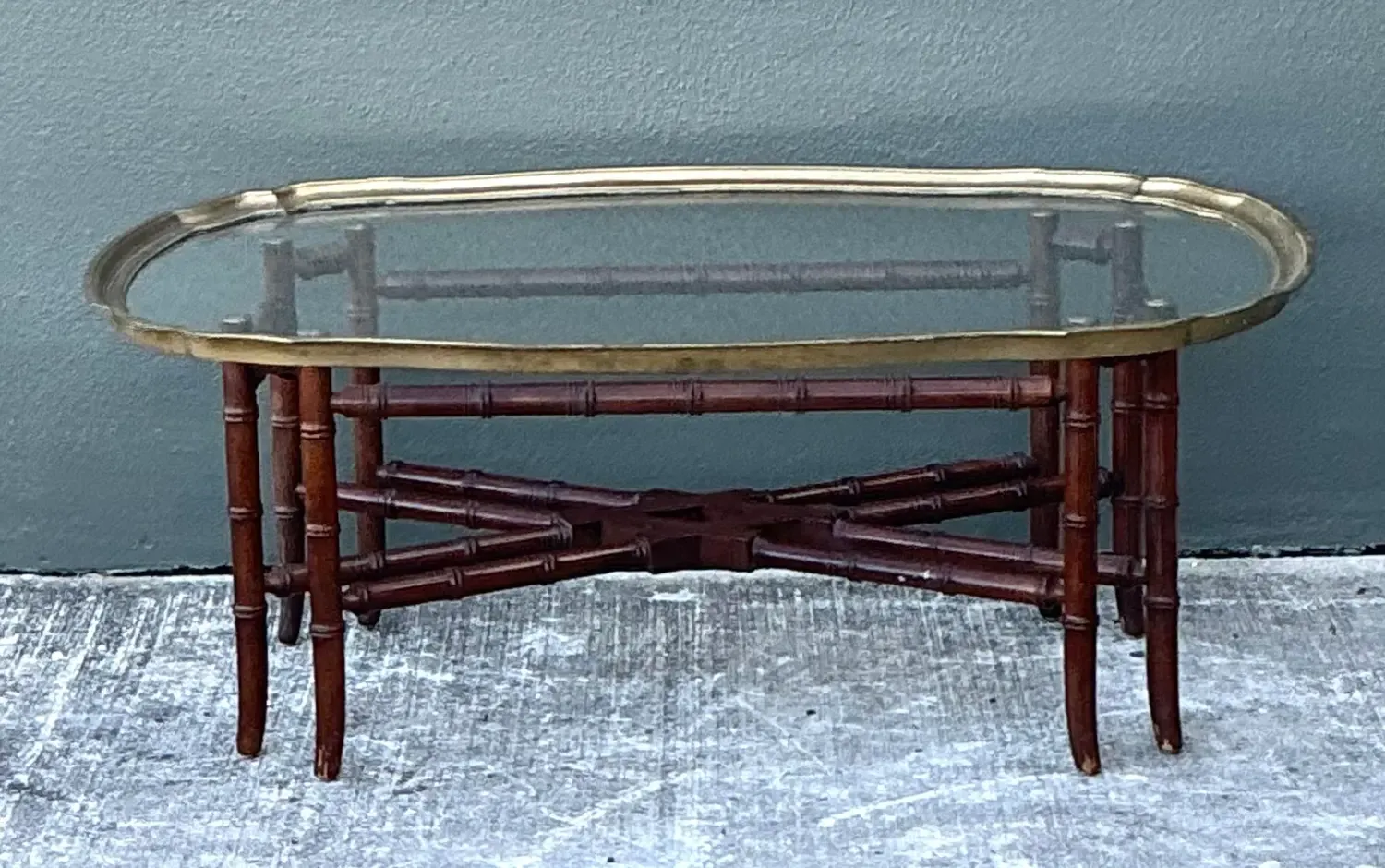 Vintage Carved Bamboo Coffee Table With Brass Framed Glass Top — additional photo 2