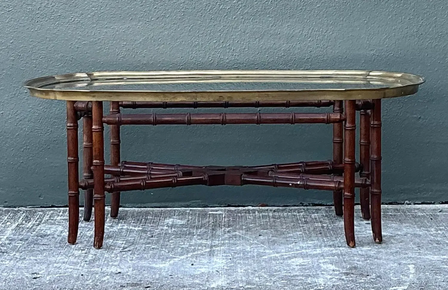 Vintage Carved Bamboo Coffee Table With Brass Framed Glass Top — additional photo 3