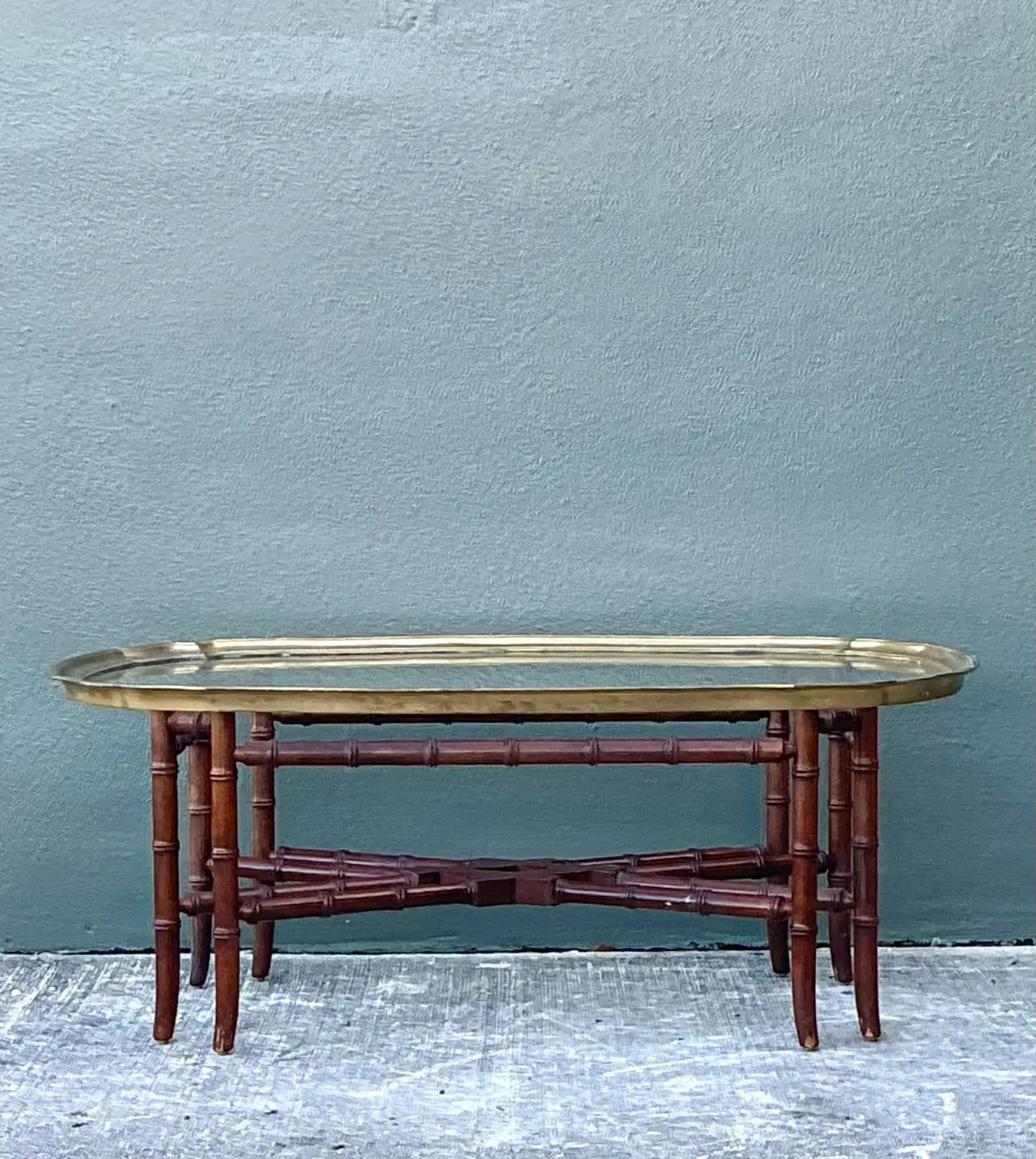 Vintage Carved Bamboo Coffee Table With Brass Framed Glass Top — additional photo 4
