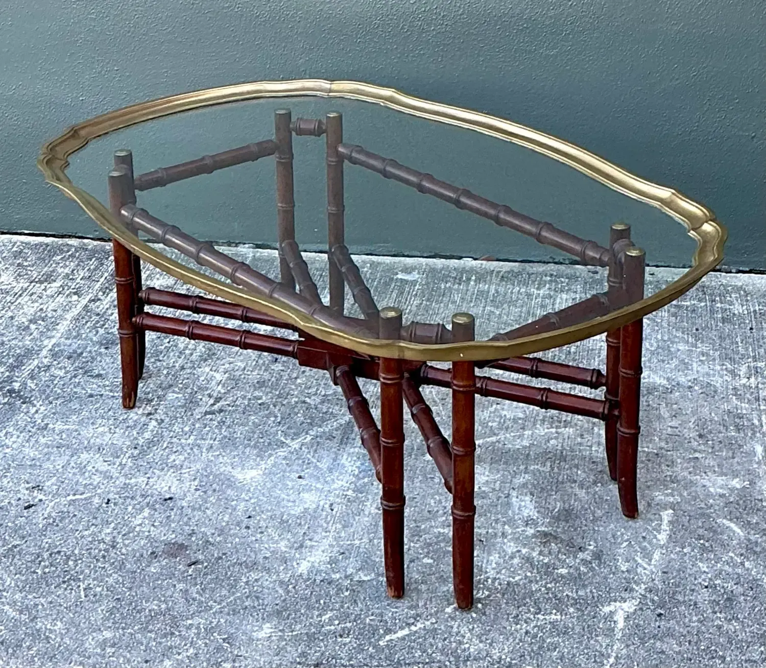 Vintage Carved Bamboo Coffee Table With Brass Framed Glass Top — additional photo 5