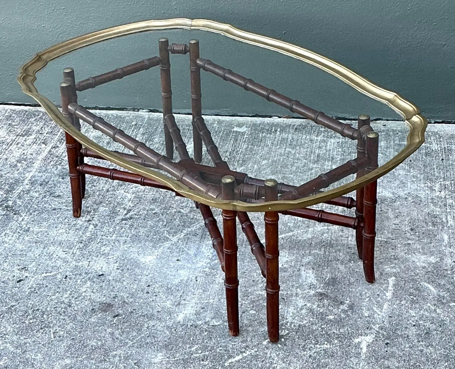 Vintage Carved Bamboo Coffee Table With Brass Framed Glass Top — additional photo 6