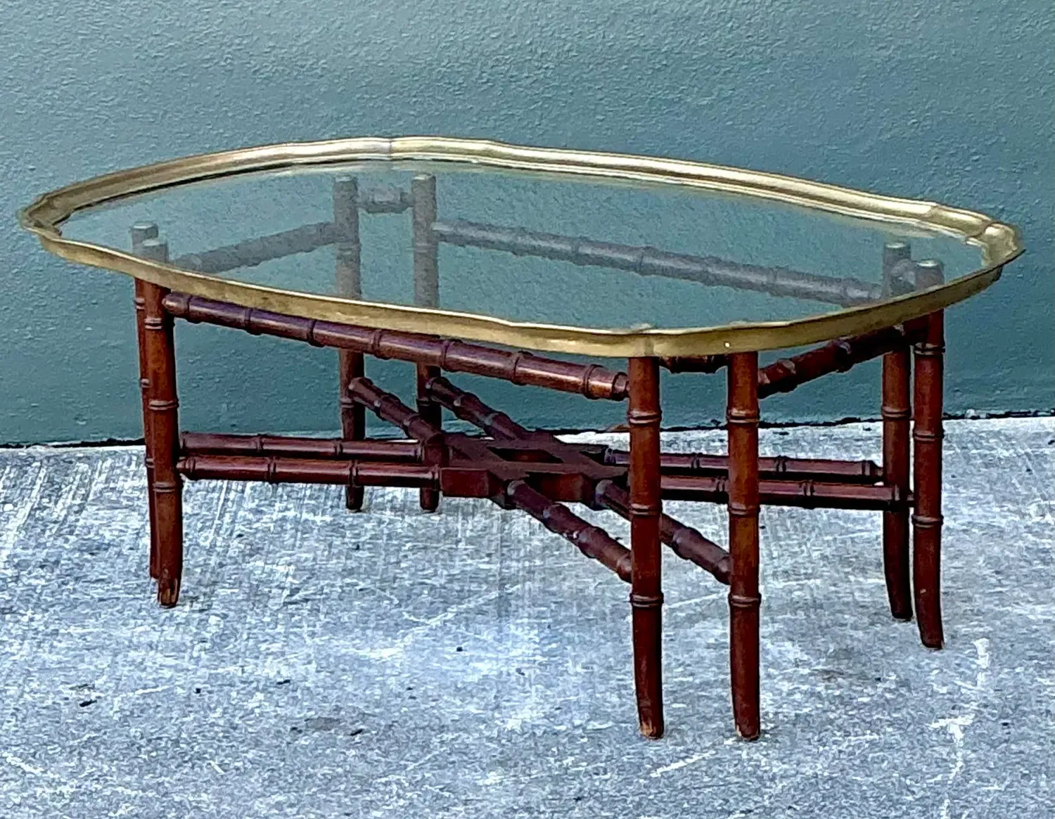 Vintage Carved Bamboo Coffee Table With Brass Framed Glass Top — additional photo 7