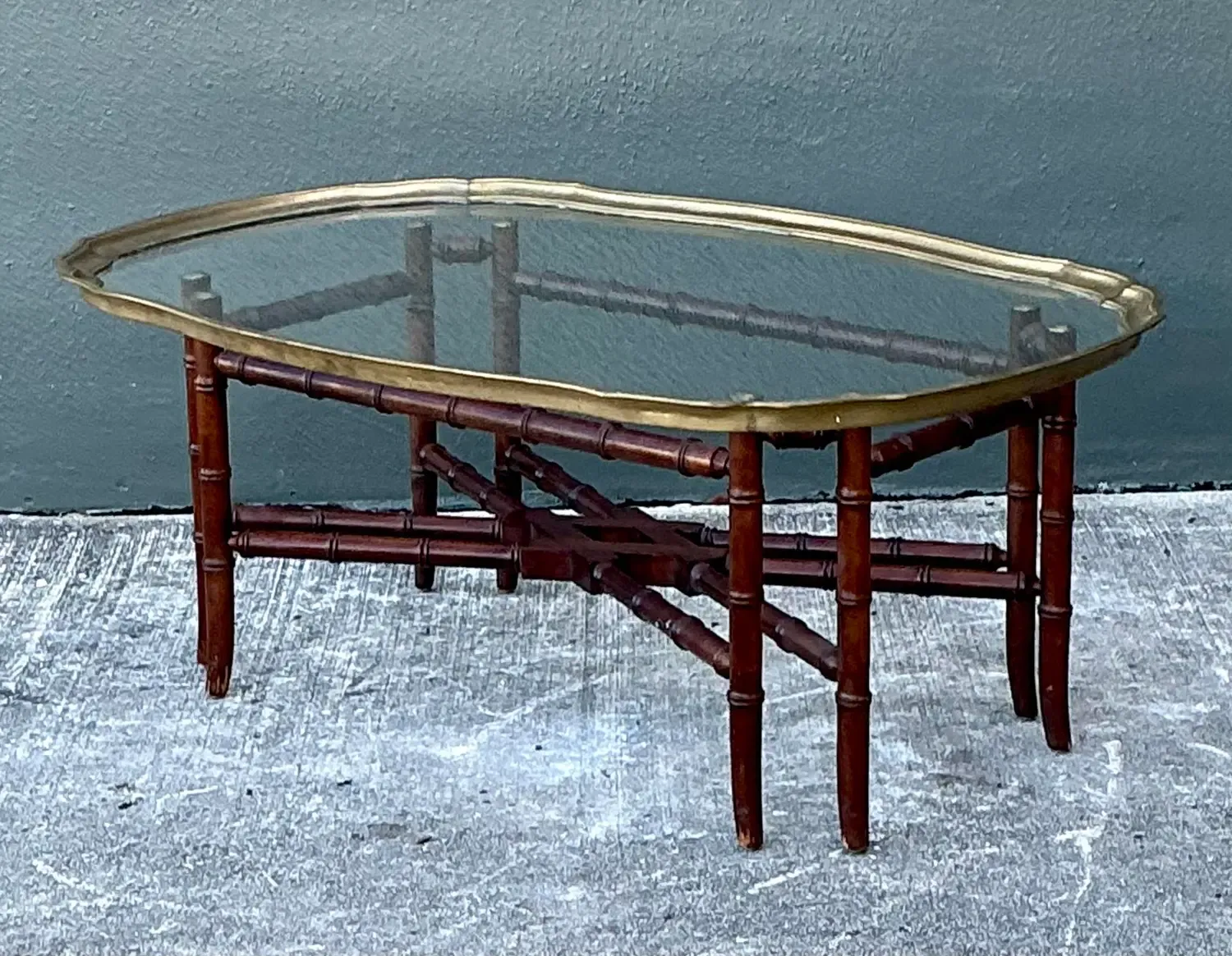 Vintage Carved Bamboo Coffee Table With Brass Framed Glass Top — additional photo 8