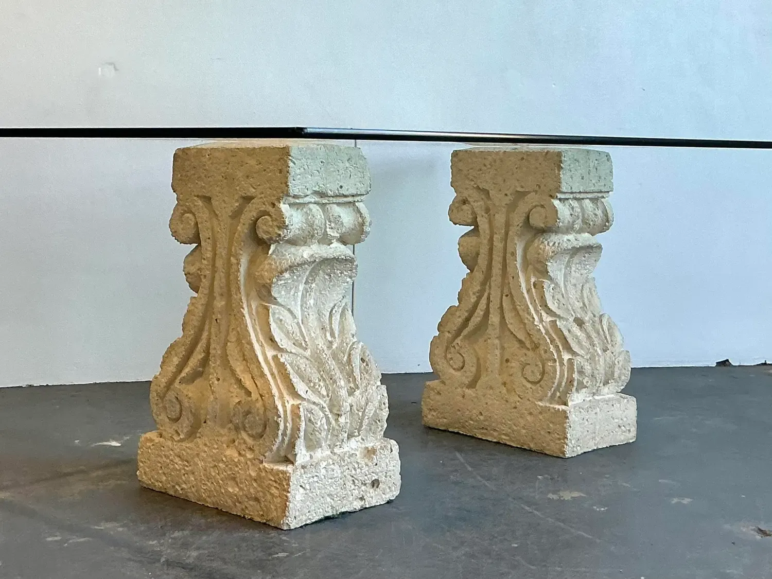 Vintage Carved Coquina Stone Pedestal Dining Table
