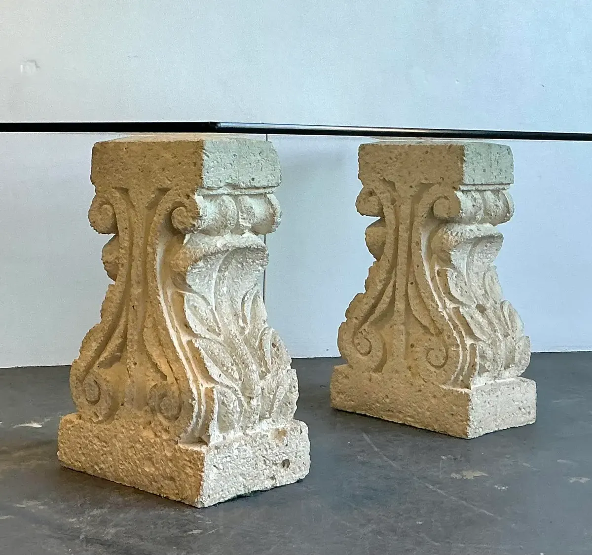 Vintage Carved Coquina Stone Pedestal Dining Table