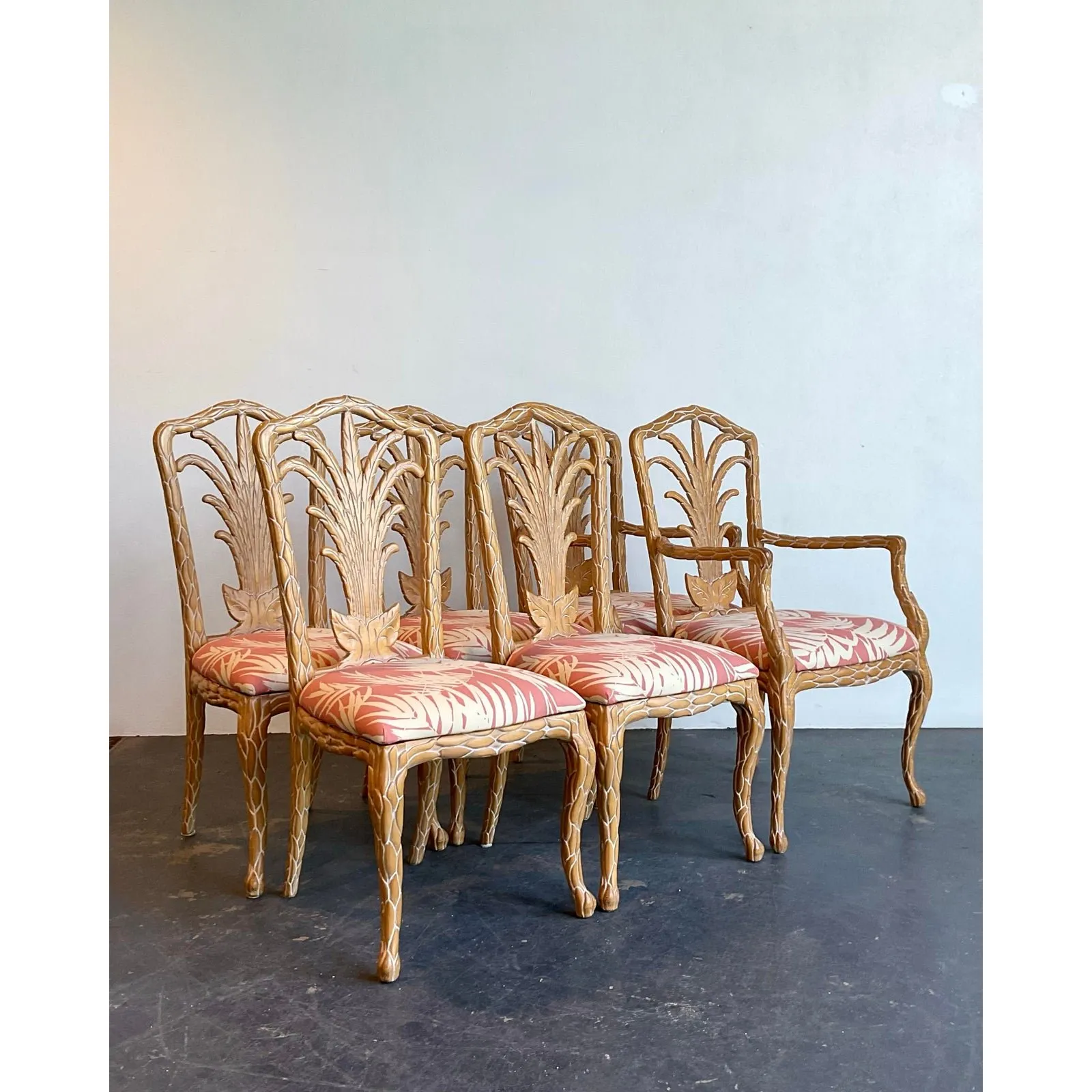 Vintage Carved Faux Bois Dining Chairs in Quadrille Palm Print