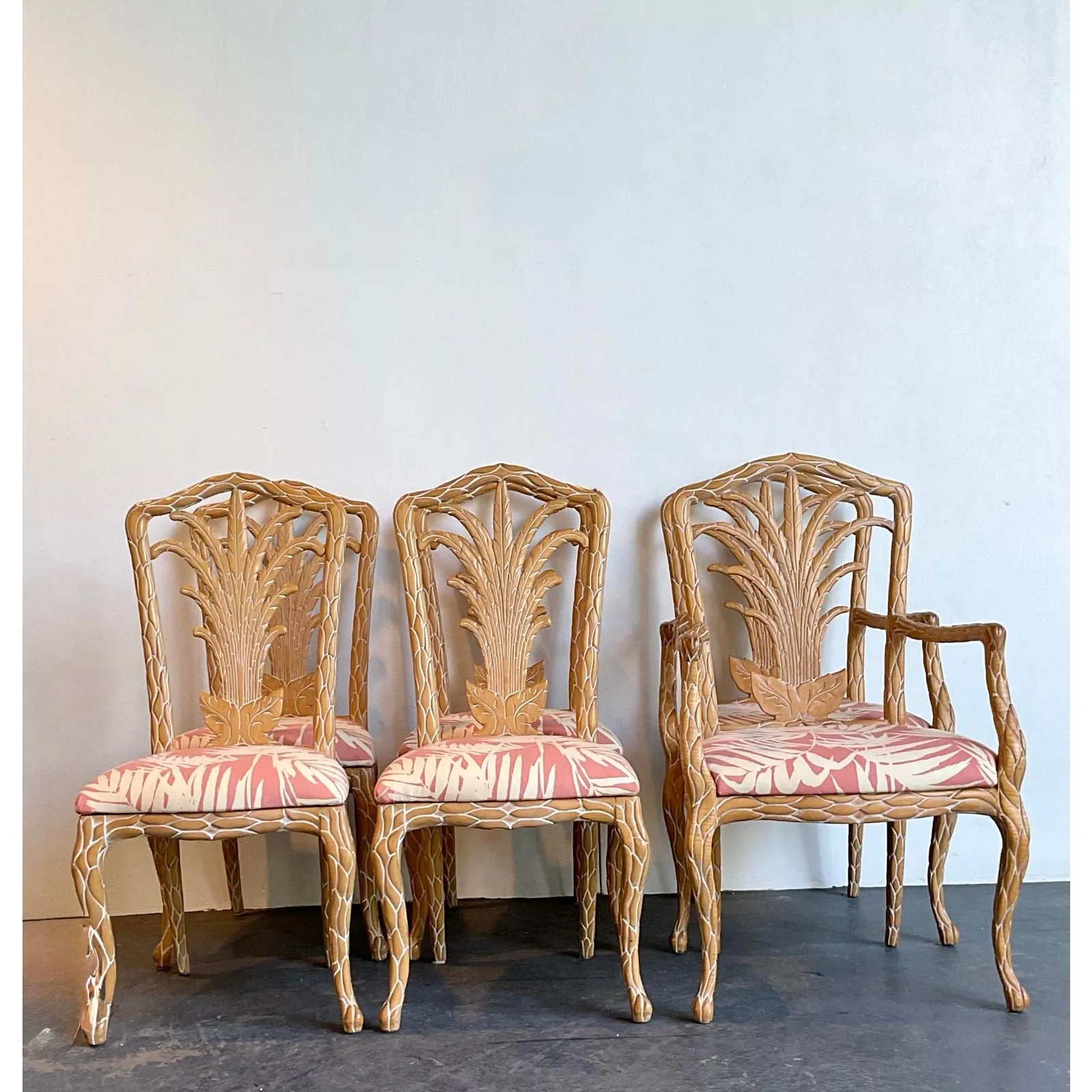 Vintage Carved Faux Bois Dining Chairs in Quadrille Palm Print — additional photo 2