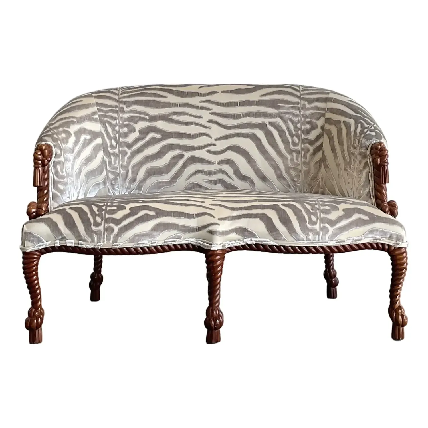 Vintage Carved Rope and Knot Loveseat in Scalamandre Tiger Devore